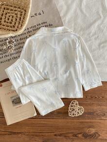 Baby Girls Pajamas-2 Piece Pajama SetWhite Light Blue Bow Print Round Collar Long Sleeve Button Front Long Pants Sleepwear Two Piece Outfit Soft Breathable Gentle Skin Friendly Four Season New Year 2026 Essential Baby Pajamas Cute Pj Set - Blue - View 2