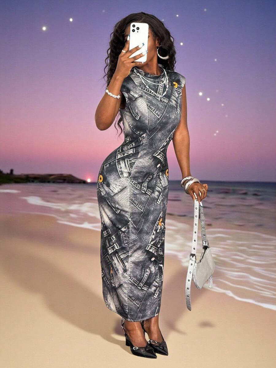 Slaydiva Women's Stand Collar Sleeveless Bodycon Midi Dress,Denim Print Grey Fitted Elegant Maxi Dress For Autumn,Streetwear,Vacation,Holiday,Parties,Dates - Multicolor - View 1