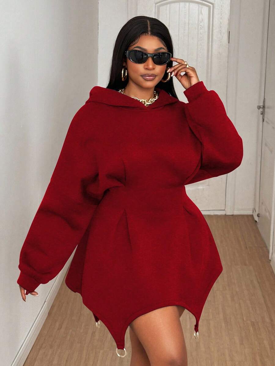 Maweii Women's Elegant Red Hooded Sweatshirt Dress,Plus Size,Wavy Hem Metal Ring Detail, Night Out Club,Autumn Girlism,Holiday Christmas New Year Outfit - Red - View 1