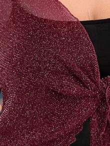 Gownix Áo khoác cardigan dáng ngắn tay bồng, viền bèo nhún phía trước khoét rỗng cho nữ cỡ lớn, màu lễ hội - Màu Đỏ Sâu - Xem 7
