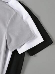 SHEIN Vacaura 3 件套青少年男孩圆领 T 恤，带贴花装饰，短袖上衣，春夏 - 黑與白 - 查看 3