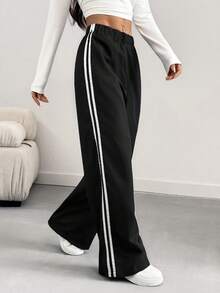 INAWLY Quần dài thường ngày màu khối bên hông cỡ lớn dành cho nữ - màu đen - Xem 3