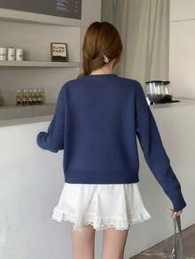 SHEIN Teen Girls Floral Pattern Solid Color Crew Neck Sweater, 3D Flower Decor, Suitable For Winter, Halloween - Navy Blue - View 2