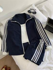 Comfortcana 女士条纹长袖拉链外套和短裤休闲两件套 - 藏蓝色 - 查看 8