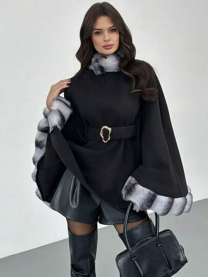 Firerie Women's Elegant Elegant Simple Fashion Regular Black Stand Collar Long Sleeve Wool & Faux Fur Blend Long Coat, Versatile Autumn/Winter Outerwear Winter