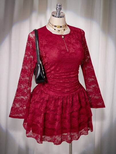 SHEIN ICON Women's Plus Size Autumn And Winter Long-Sleeved Retro Sexy Elegant Valentine's Day Outfit Red Lace Fabric Round Neck Side Pleated Multi-Layered Ruffle Skirt Flared Sleeves Slim Mini Dress/Christmas