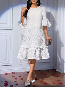 SHEIN Lady Váy dài vừa phải thanh lịch, cổ tròn, tay loe, vải raglan trơn màu dành cho nữ - trắng - Xem 6