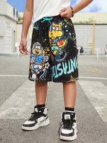 Fantacosmos 青少年男孩可愛卡通印花短褲 - 黑色 - 查看 1