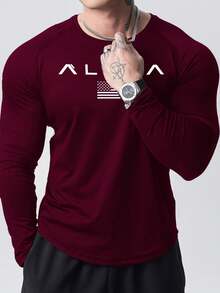 Manfinity Sport Corelite 男士字母印花插肩袖运动 T 恤健身上衣健身房上衣秋季透气修身衬衫秋季圆领 - 酒紅色 - 查看 3