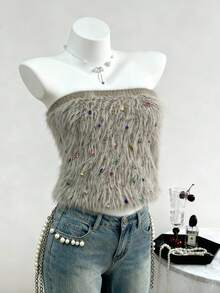 Selianne Rhinestone Embellished Faux Fur Trim Women Bandeau Top - Khaki - View 1