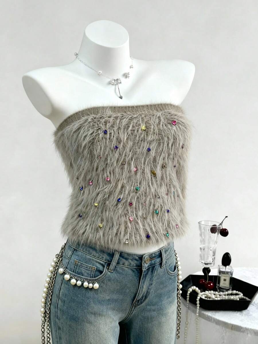 Selianne Rhinestone Embellished Faux Fur Trim Women Bandeau Top - Khaki - View 1