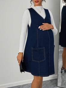 Momance 孕妇休闲V领无袖牛仔连衣裙，带口袋