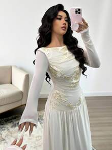 SHEIN Elenzya Váy trễ vai thanh lịch dành cho nữ với họa tiết thêu hoa sang trọng và lưới, thích hợp mặc hàng ngày, đám cưới, dạ hội, đi làm, tiệc tốt nghiệp, ngày lễ, hẹn hò, tiệc tùng, Halloween, Giáng sinh, năm mới, lễ Tạ ơn - Màu be - Xem 4