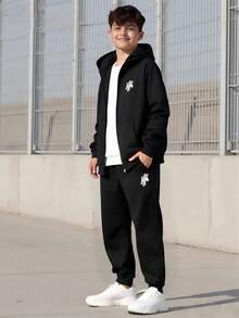 Vacaura 2pcs Teenage Boys Casual Outdoor Printed Hoodie Jacket And Solid Color Side Pocket Drawstring Sweatpants Sports Set, Suitable For Spring/Autumn Fall Winter - Black - View 1