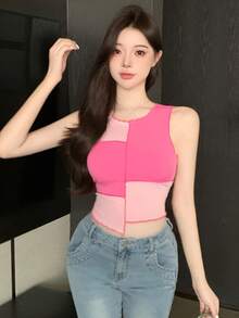 DAZY Ladies' Color Contrast Splice Sleeveless Top Tank Tops - Pink - View 5