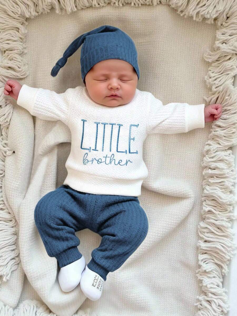 SHEIN HELLO Letter Embroidered Newborn Photography Outfit, Baby Boys/Girls Top, Pants, Hat 3pcs Set, Infant 1 Month To 100 Days Studio Photo Shoot Clothing