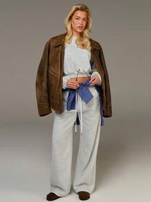 Athîral Áo nỉ ngắn tay dài cổ tròn màu trơn dành cho nữ - Xám - Xem 3