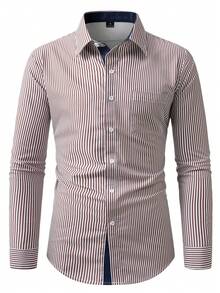 Manfinity Mode Men's Casual Striped Print Patchwork Pocket Long Sleeve Shirt, Suitable For Daily Wear And Commuting, Spring/Autumn - Multicolor - View 3