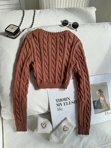 SHEIN 少女蝴蝶结刺绣V领长袖休闲毛衣，秋冬季 - 棕色 - 查看 2