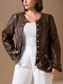 SHEIN Clasi 大码时尚双排扣外套，适合通勤、秋冬季节、圣诞节和新年穿着。 - 棕色 - 查看 8