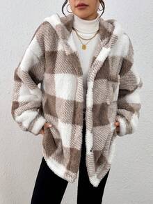 EMERY ROSE Women's Plaid Pattern Front Button Hooded Long Sleeve Fuzzy Jacket, Autumn/Winter - Khaki - View 5