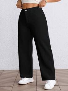 SHEIN EZwear 大尺碼女款無彈力黑色寬鬆直筒牛仔褲，休閒常規高腰寬腿牛仔褲，夏季款 - 黑色 - 查看 6