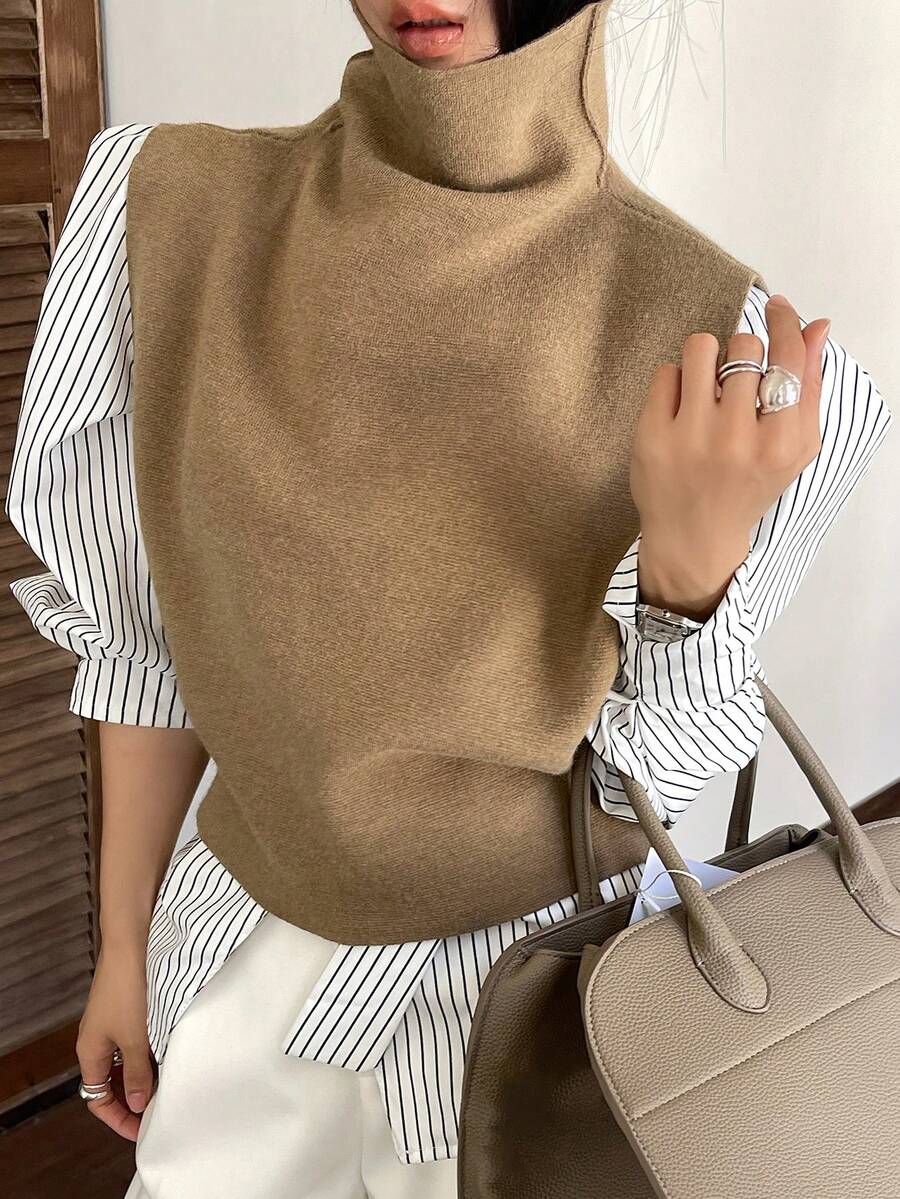 DAZY 女士纯色宽松高领无袖短款优雅复古毛衣背心，秋冬款 - 卡其色 - 查看 1