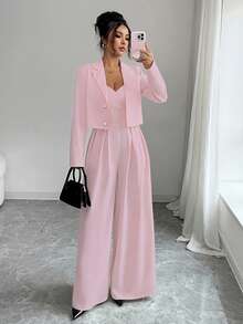 Elenzga 新款女式梭织面料细肩带露背可调节肩带阔腿连体裤，缺口领长袖夹克，通勤百搭优雅年轻女士两件套，秋冬 - 粉色 - 查看 7