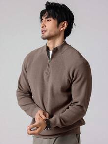 Manfinity Homme 加大码男士纯色插肩袖长袖拉链休闲毛衣，秋冬款 - 咖啡棕 - 查看 5