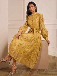 Lilora Elegant Solid Gold Jacquard Mandarin Collar Button Front Waist Gathered Puff Sleeve Long Sleeve Dress For Women, Autumn/Winter,Vintage,Party,Valentine's Day,Dance Party,Holiday,Wedding Guest,Party Dresses,New Years,Western,Old Money,Gown For Prom Night,Prom,Printemps à été,Going Out,Vintage,رمضان,Spring To Summer - Yellow - View 8