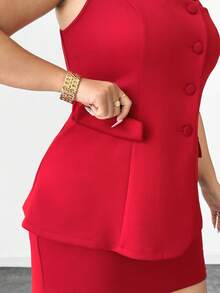 Elenzga 情人节加大码弹力纹理面料圆领无袖口袋装饰背心+纹理面料裹身裙休闲套装，2件套 - 紅色 - 查看 6