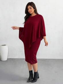 SHEIN Privé Plus Size Casual Solid Color Loose Top And Skirt 2 Pieces Set Burgundy - Burgundy - View 4