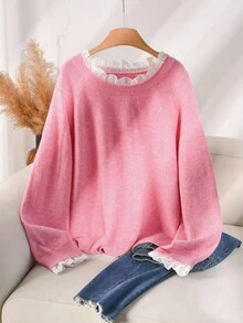 CosyJoli Plus Size Casual Lace Splice Round Neck Pullover Pink Mesh Sweater,Fall Clothes For Women Autumn