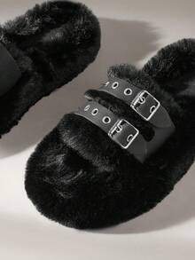 Solecia Women's Fluffy Adjustable Strap Thick Sole Home Slippers For Christmas - Black - View 5