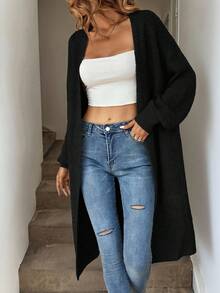 SHEIN Tall CURVE Plus Size Drop Shoulder Ribbed Knit Duster Cardigan,Long Sleeve Tops Long Cardigan For Women Plus Size Cardigan Curve Cardigan Tall Curve Cardigan In Fall/Winter - Black - View 3