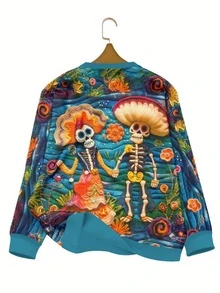 INAWLY 秋冬针织卫衣效果亡灵节情侣图案印花圆领长袖休闲运动卫衣女士 - 彩色 - 查看 2