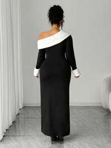 SHEIN Elenzya Vestido largo elegante de mujer talla grande con bloque de color, cintura elástica, abertura lateral y detalles con ribete de peluche, adecuado para eventos formales, citas, fiestas, galas, San Valentín, Navidad. Vestido largo ajustado con peluche, hombro oblicuo, hombro descubierto, manga larga, hombro asimétrico, vestido de cóctel sexy para mujer, elegante, de moda, romántico, glamoroso
