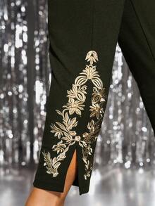 Gownix Women's Embroidered Hem Slit Waist Skinny Elegant Pants - Army Green - View 5