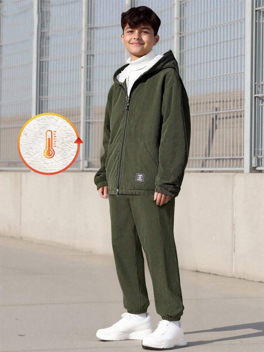 SHEIN 2件套青少年男童军绿色灯芯绒保暖连帽外套和裤子套装,适合秋冬季户外活动 - 軍綠色 - 查看 1