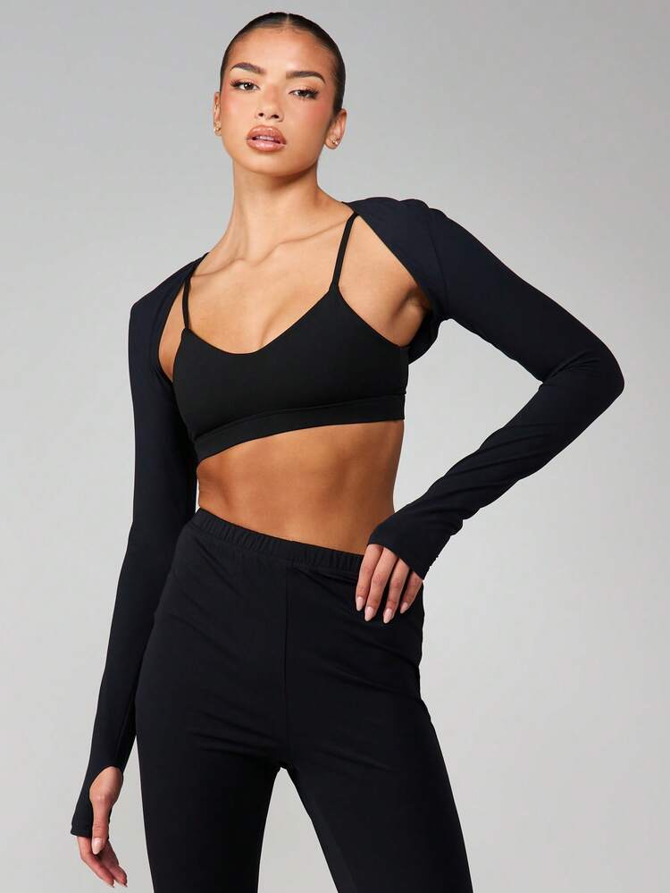 MISSGUIDED Long Sleeve Crop Sports Top With Scoop Neckline And Thumbhole Detail For Active Training Workouts Yoga Fitness Running Exercise