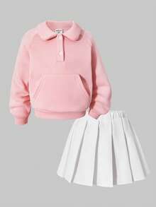 SHEIN ChillGRL 2pcs/Set Girls Elegant School Style Long Sleeve Fleece Sweatshirt With Peter Pan Collar And Pleated Skirt, Autumn/Winter - Multicolor - View 6
