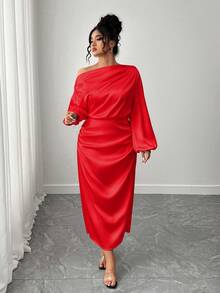 SHEIN Elenzya Plus Size Women Satin Asymmetric Ruffle Collar Off Shoulder Ruched Waist A-Line Maxi Dress - Red - View 3