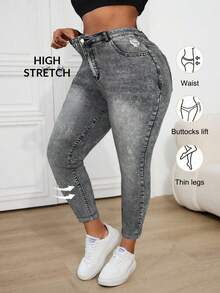 SHEIN ICON Jeans pitillo de talla grande en denim azul desgastado - Gris - Ver 1
