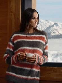 Activina Suéter holgado de punto casual con cuello redondo, mangas largas y hombros caídos a rayas para mujer - Rojo - Ver 10