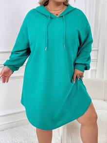 SHEIN CURVE+ Váy nỉ trùm đầu dáng rộng thể thao thường ngày cỡ lớn cho nữ có viền cong, mùa thu/đông - màu xanh lá - Xem 5