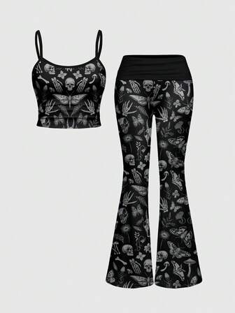 Gothic Dark Horror Forest Skull, Moon & Star Sexy Camisole Top And Flared Low Waist Pants Women 2 Pieces Set