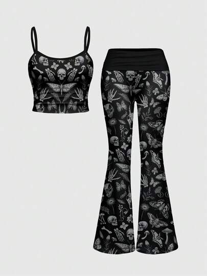 Ensemble 2 pièces Top camisole et pantalon évasé taille basse, motif gothique forêt sombre, crâne, lune et étoiles, sexy pour femmes