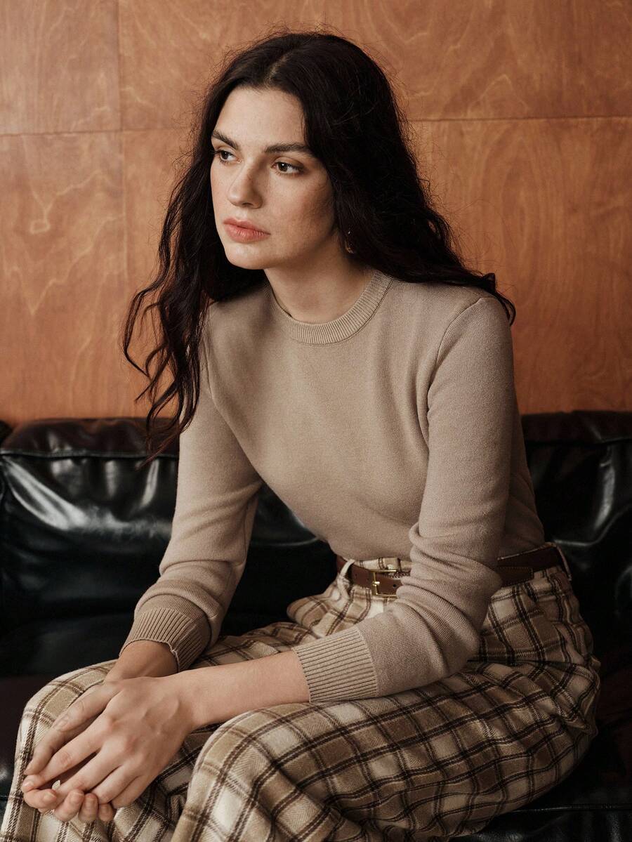 Suéter de cuello redondo ajustado con forro térmico de manga larga para mujer - Camel - Ver 1