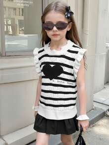 SHEIN Young Girls' Heart Pattern Striped Sweater Young Girls' Casual Cute Colorful Drop Shoulder Bowknot Decor Round Neck Knitted Sweater, Soft And Comfortable, Suitable For Daily Wear, Outdoor, Travel, Vacation, Home, Nursery, Playtime, School - Black and White - View 2