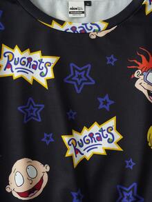 Nick 90s | SHEIN Bộ 2 món áo thun dài tay cổ tròn họa tiết hoạt hình thường ngày cỡ lớn kèm quần dài, mùa thu - màu đen - Xem 3